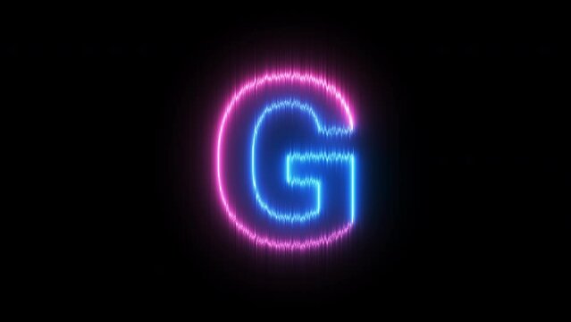 Neon energy light blue pink letter G alphabet. Seamless looping animation on black background