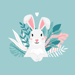 Happy white bunny with leaves and heart for your design. Cartoon cute easter character rabbit. Chinese new year symbol
