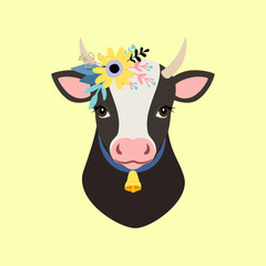 Portrait of a cow with a flower wreath and a bell. Isolated animal head of a black and white calf. Character, emblem, sticker vector illustration for your design