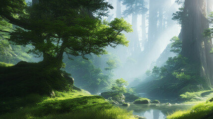beautiful background forest with a river and trees in the foggy day time, with a few mists on the water,generative AI