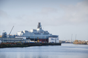 Warship frigate construction in progress at BAE Systems on the River Clyde