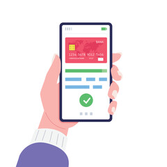 Money transaction, business, mobile banking and mobile payment. Female hand holding smartphone. Vector.