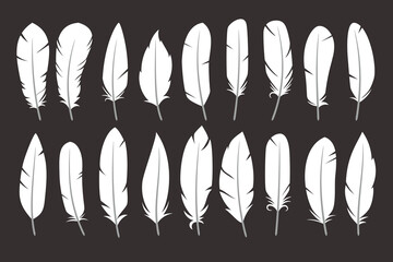 White silhouettes of a bird feather collection. Feathers icon set in flat style. Vector isolated on white background