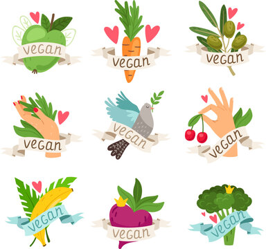 Vegan vector isolated icons with vegetables, fruits, berries and hands. Set of colourful labels for packaging design of vegetarian food