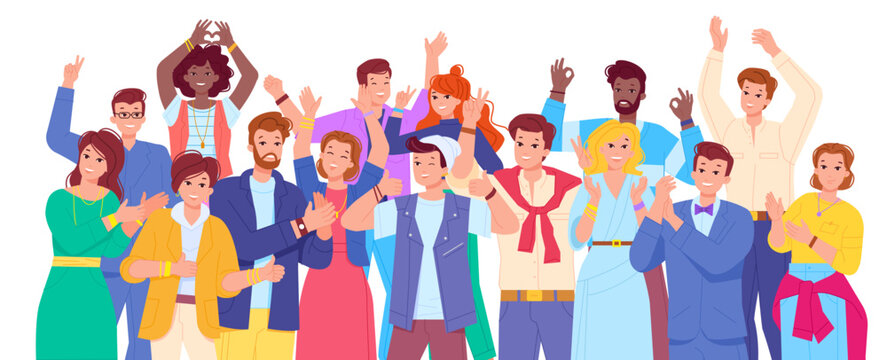 Welcome audience. Team members welcoming new employee or invite students in office, happy company friends waving hand, international colleagues cheering person vector illustration
