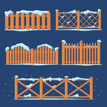 Snow fence. Winter wooden fences covered frozen snowdrift, snowy board wood countryside enclosures, icicles and ice snowflake