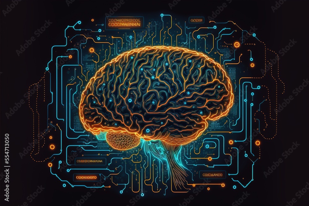 Aufkleber cyber brain, neon background. information processing and databases. high-tech data processing and tr
