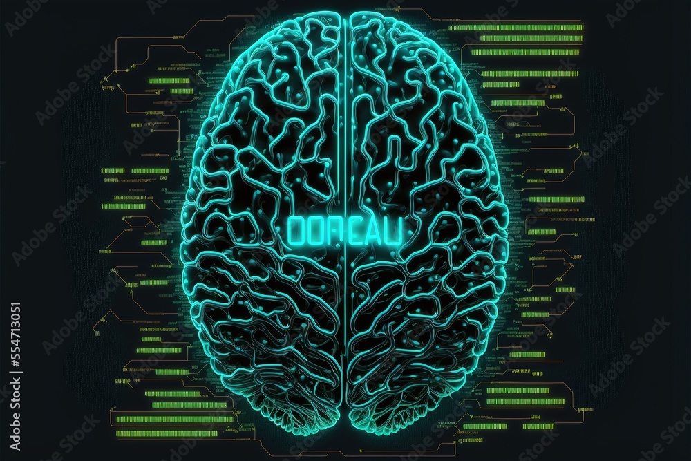 Aufkleber cyber brain, neon background. information processing and databases. high-tech data processing and tr