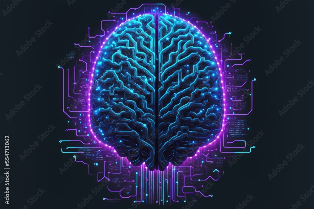 Aufkleber cyber brain, neon background. information processing and databases. high-tech data processing and tr