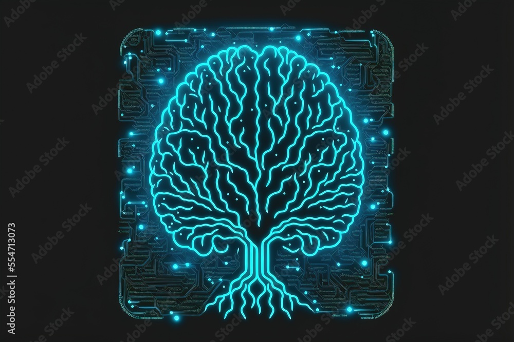 Aufkleber cyber brain, neon background. information processing and databases. high-tech data processing and tr