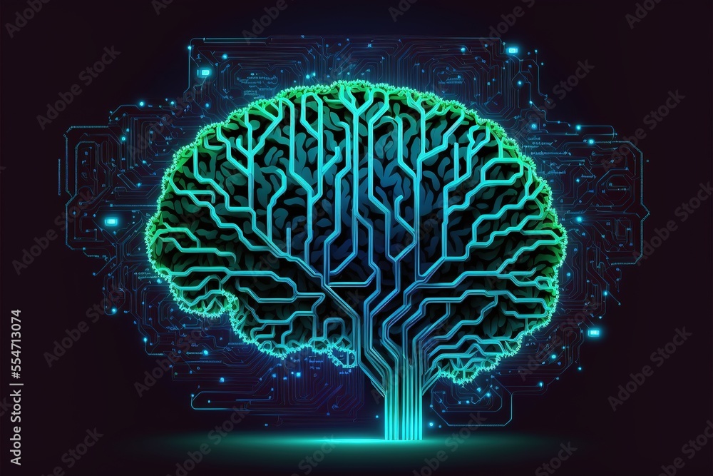 Aufkleber cyber brain, neon background. information processing and databases. high-tech data processing and tr