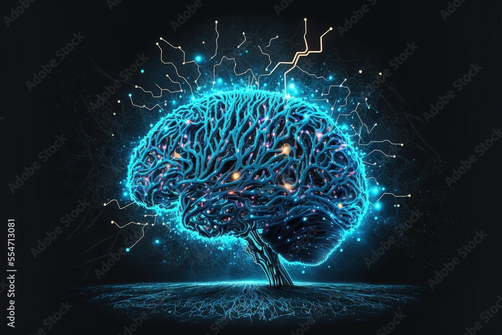 Aufkleber cyber brain, neon background. information processing and databases. high-tech data processing and tr