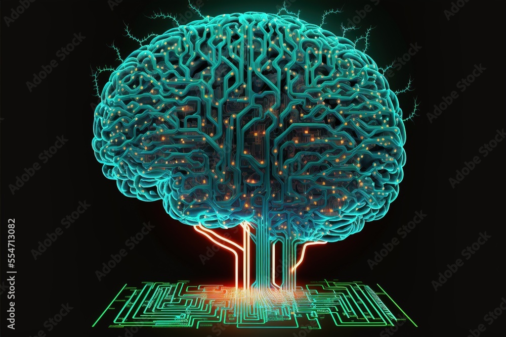 Aufkleber cyber brain, neon background. information processing and databases. high-tech data processing and tr