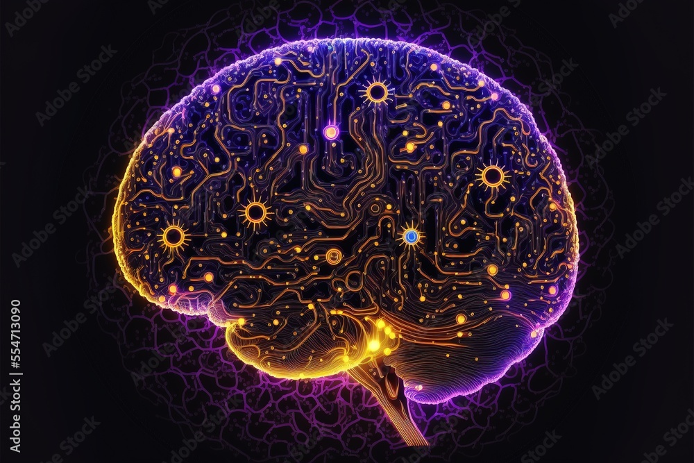 Aufkleber cyber brain, neon background. information processing and databases. high-tech data processing and tr