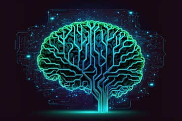 Cyber brain, neon background. Information processing and databases. High-tech data processing and transmission center. AI
