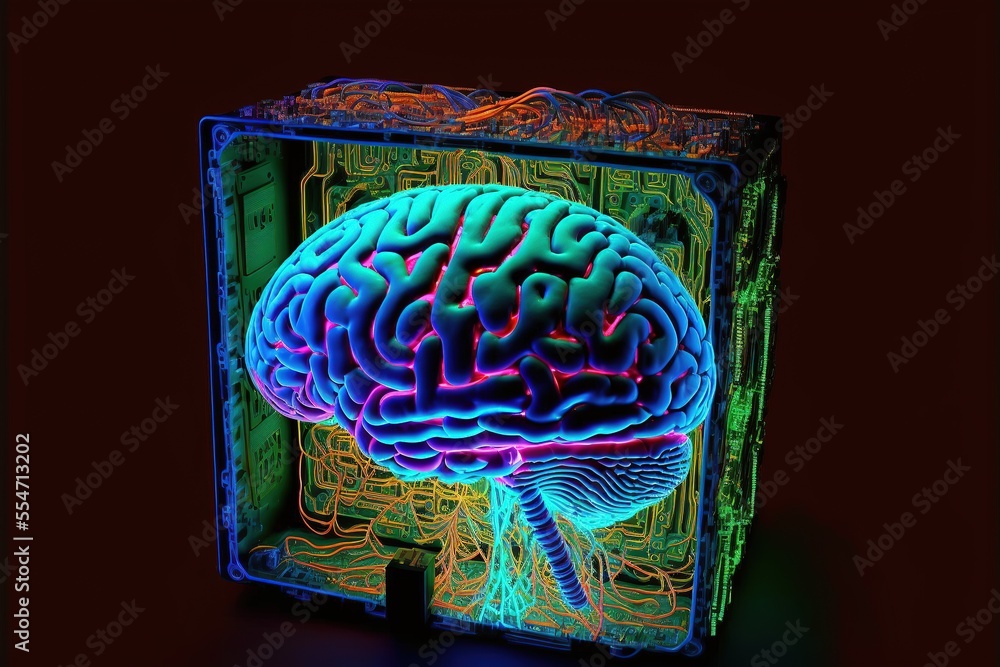 Aufkleber cyber brain, neon background. information processing and databases. high-tech data processing and tr