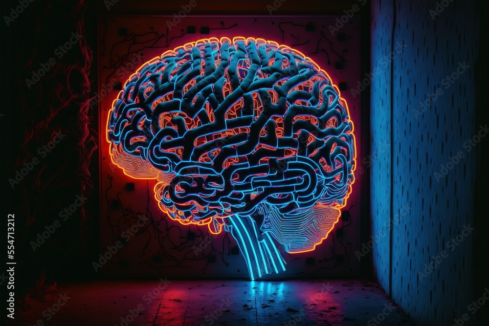 Aufkleber cyber brain, neon background. information processing and databases. high-tech data processing and tr
