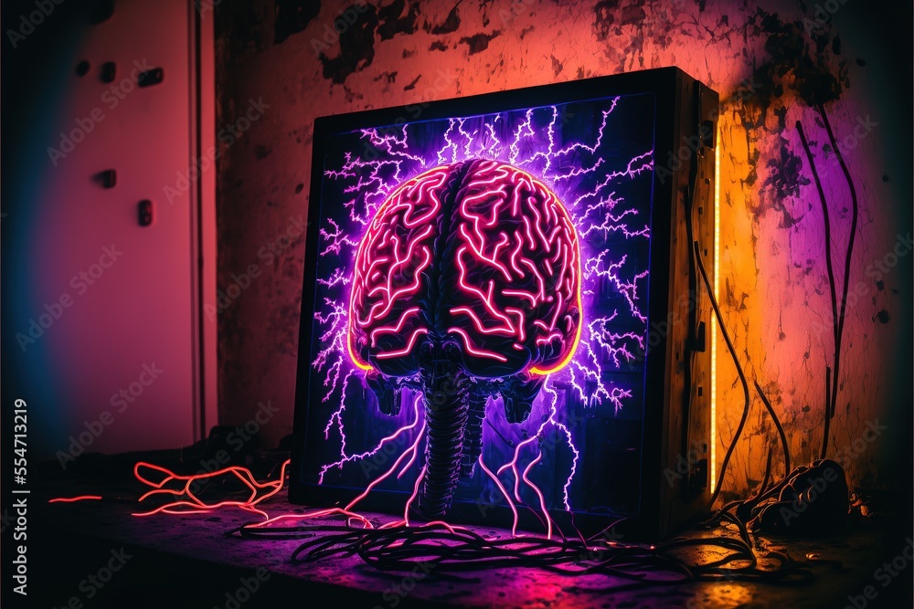 Aufkleber cyber brain, neon background. information processing and databases. high-tech data processing and tr