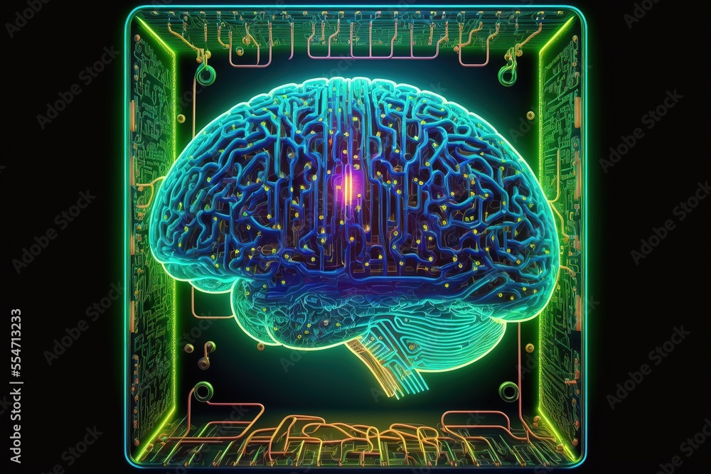 Aufkleber cyber brain, neon background. information processing and databases. high-tech data processing and tr
