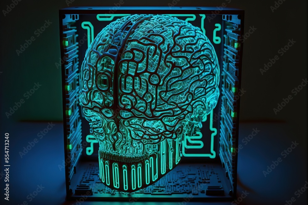 Aufkleber cyber brain, neon background. information processing and databases. high-tech data processing and tr