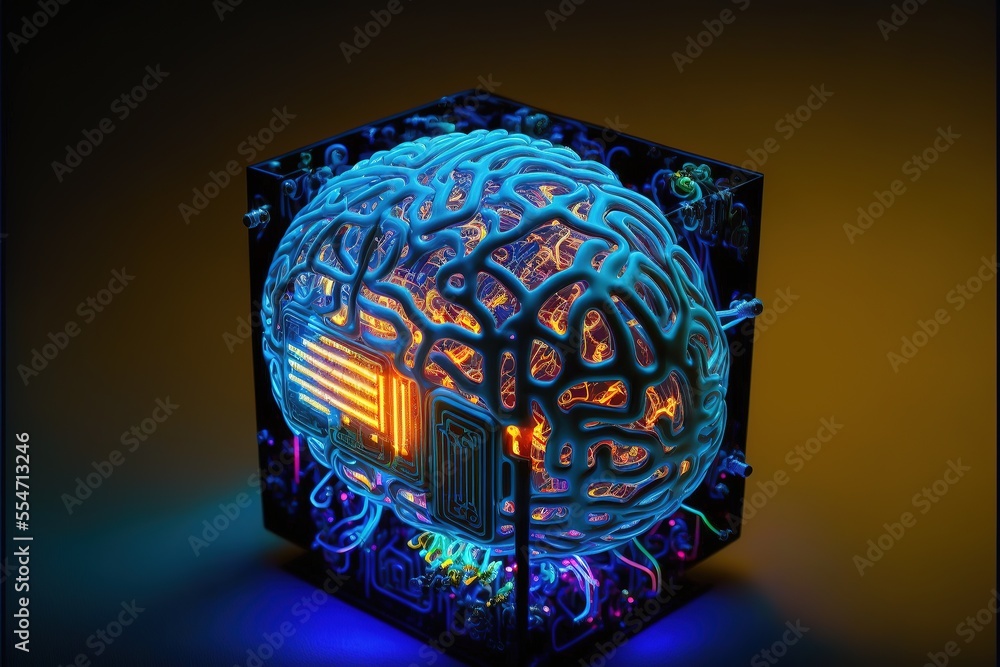 Aufkleber cyber brain, neon background. information processing and databases. high-tech data processing and tr
