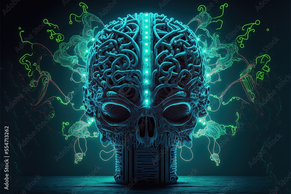 Aufkleber cyber brain, neon background. information processing and databases. high-tech data processing and tr