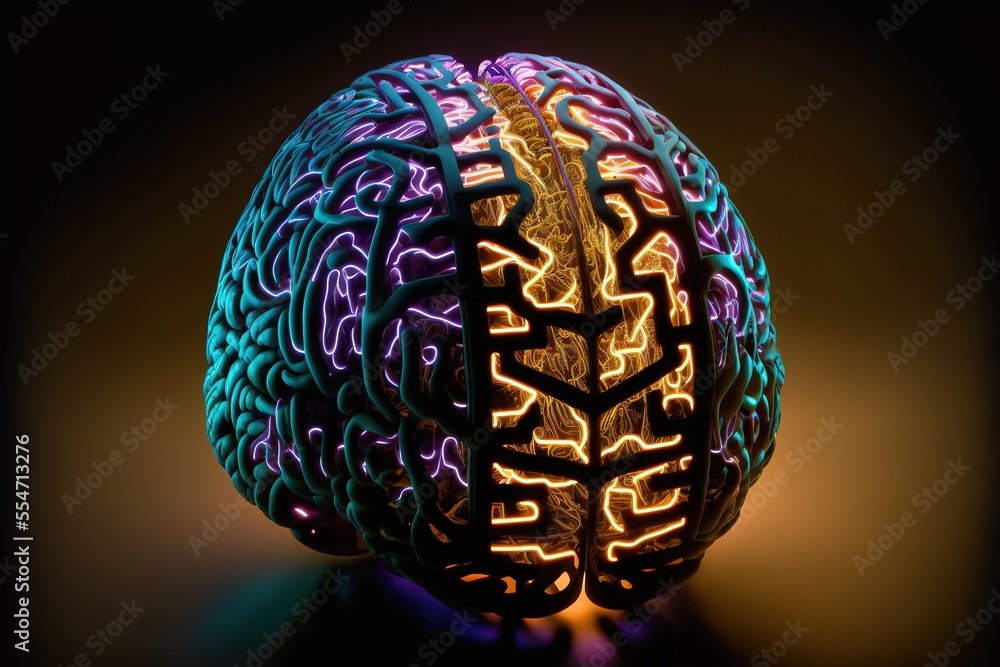Aufkleber cyber brain, neon background. information processing and databases. high-tech data processing and tr