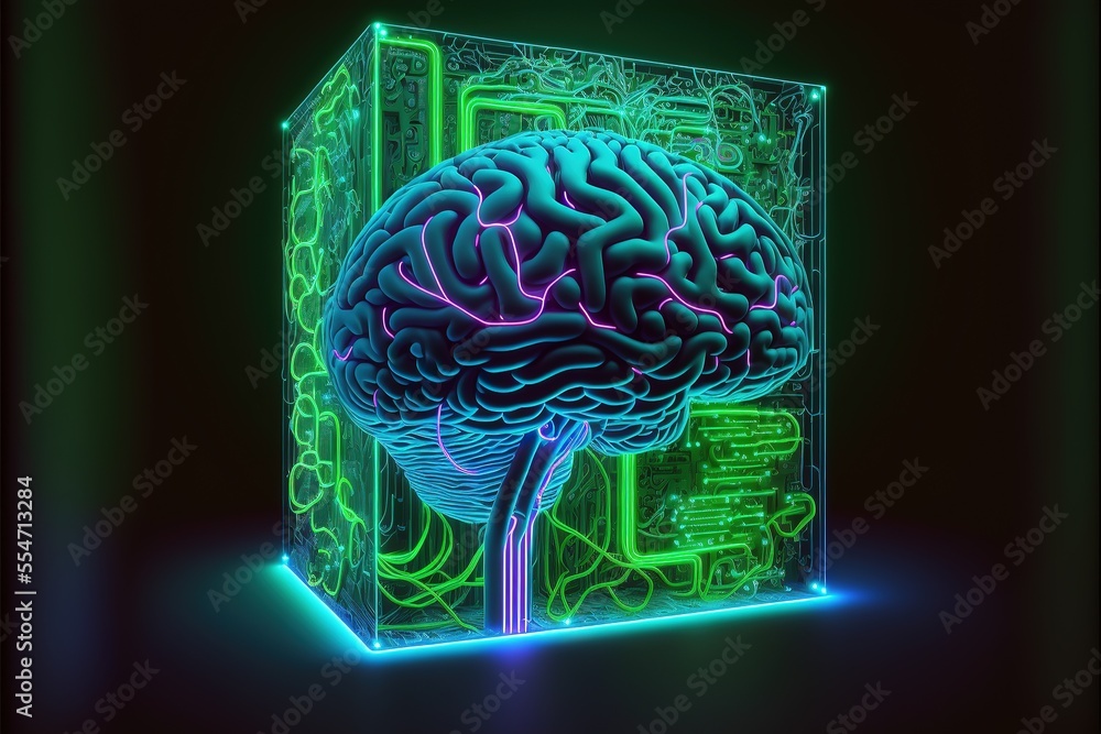 Aufkleber cyber brain, neon background. information processing and databases. high-tech data processing and tr
