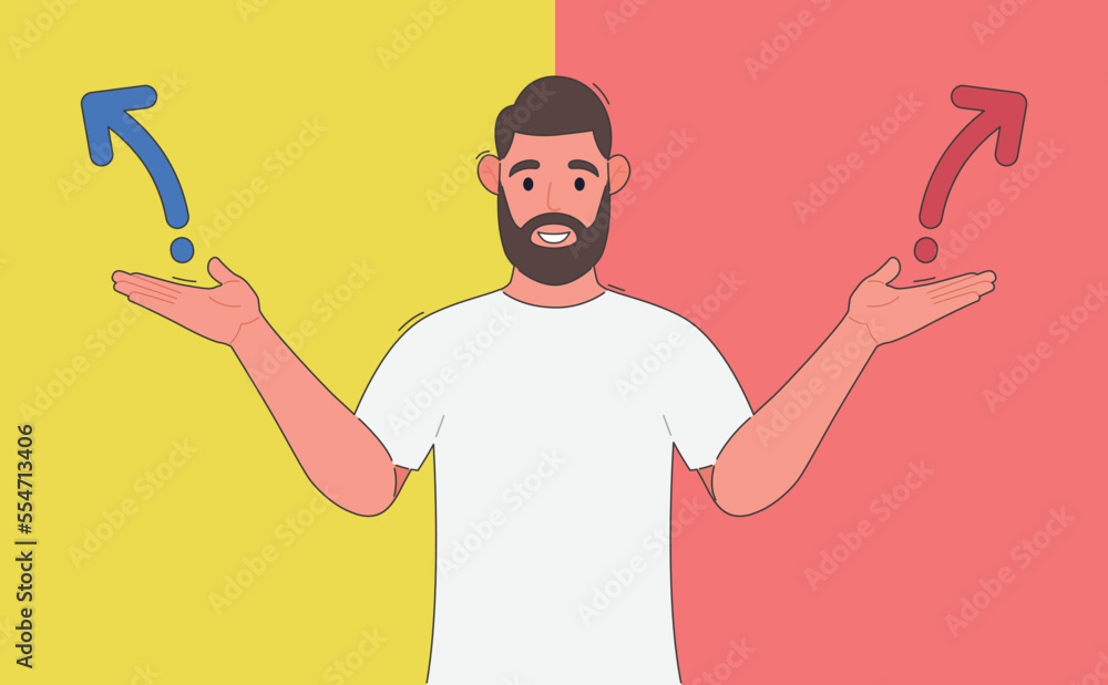 Poster a bearded man thinking which way to go between two colors. alternative choice. vector.