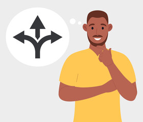 A bearded african american man in yellow t-shirt thinking which way to go. Alternative choice. Vector.