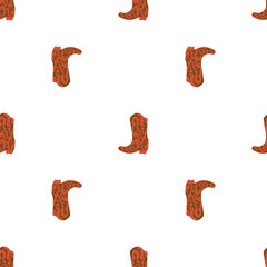 Cowboy boots with ornament seamless pattern. Wild west theme. Hand drawn colored trendy vector illustration on white background
