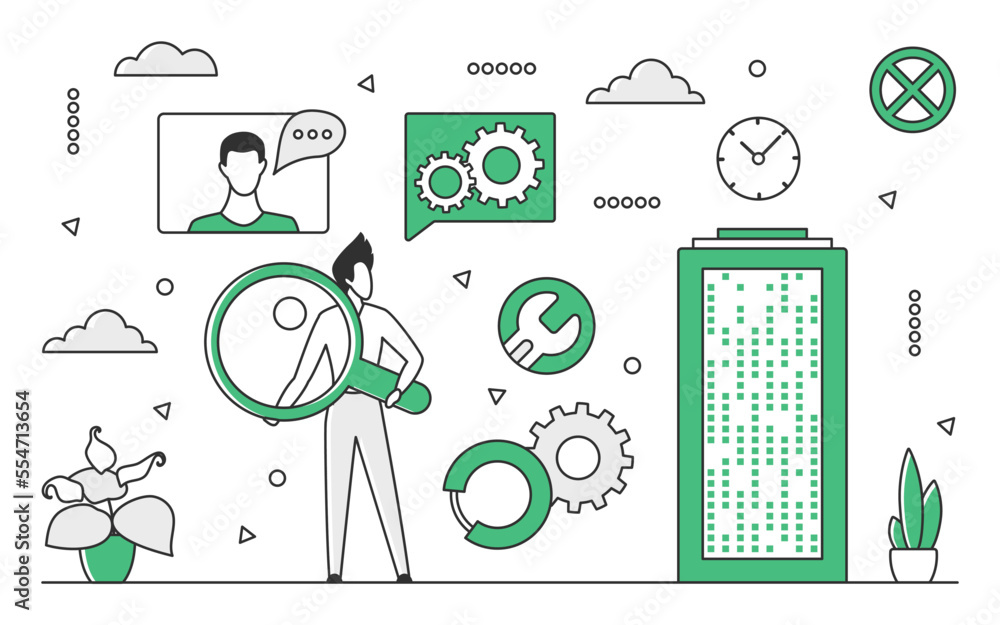 Poster big data center administration. database technical support, statistics storage vector monocolor illu
