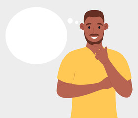 Bearded afro american man thinking. Pondering on particular belief or idea, empty cloud bubble for text or image. Vector illustration.