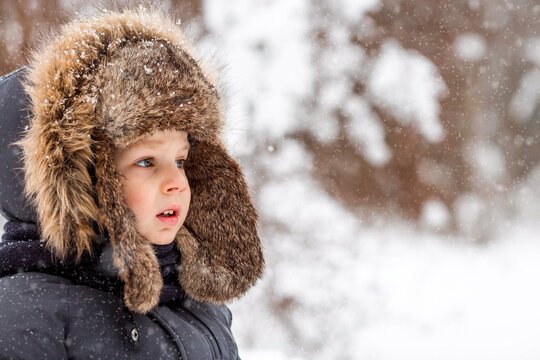 Portrait of a beautiful little Russian boy in a hat with earflaps in winter in the park. Snow is falling. The concept of a happy childhood, Russian winter and lifestyle.