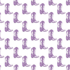 Cowboy boots with ornament seamless pattern. Wild west theme. Hand drawn colored trendy vector illustration on white background