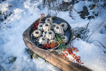 Vogelfutter, selbstgemacht auf einem Teller aus Metall im Schnee, Vögel füttern, Dekoration im...