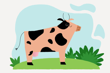a cow with spots sits in a clearing