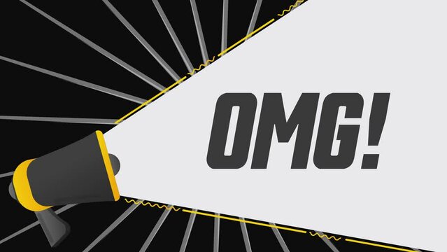 Omg. Megaphone in promotion banner. Advertising, marketing speech. 4K video animation
