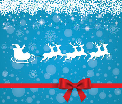 Santa Claus in slade drivind deers on blue christmas background
