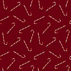 Seamless pattern with Christmas candies on bright maroon background. Creative minimal X mas art. Copy space. Flat lay.