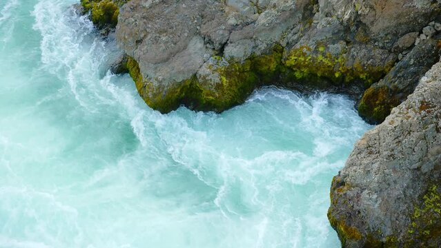 Canyon River with Pure Turquoise Glacier Water, Unusual Mountain Nature Landscape in Iceland. Shot in 8K Resolution 4320p