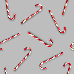 Seamless pattern with Christmas candies on bright gray background. Creative minimal X mas art. Copy space. Flat lay.