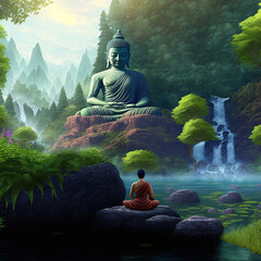 Buddhist monk meditating in nature, sitting on a rock in the middle of the lake, facing big Buddha statue sitting in lotus position, mountains in the background. Created with Generative AI technology