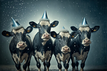 black and white 4 holland cow wear blue cone-shaped party hat, happy new year 2023