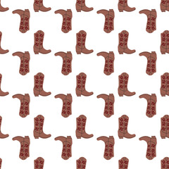 Cowboy boots with ornament seamless pattern. Wild west theme. Hand drawn colored trendy vector illustration on white background