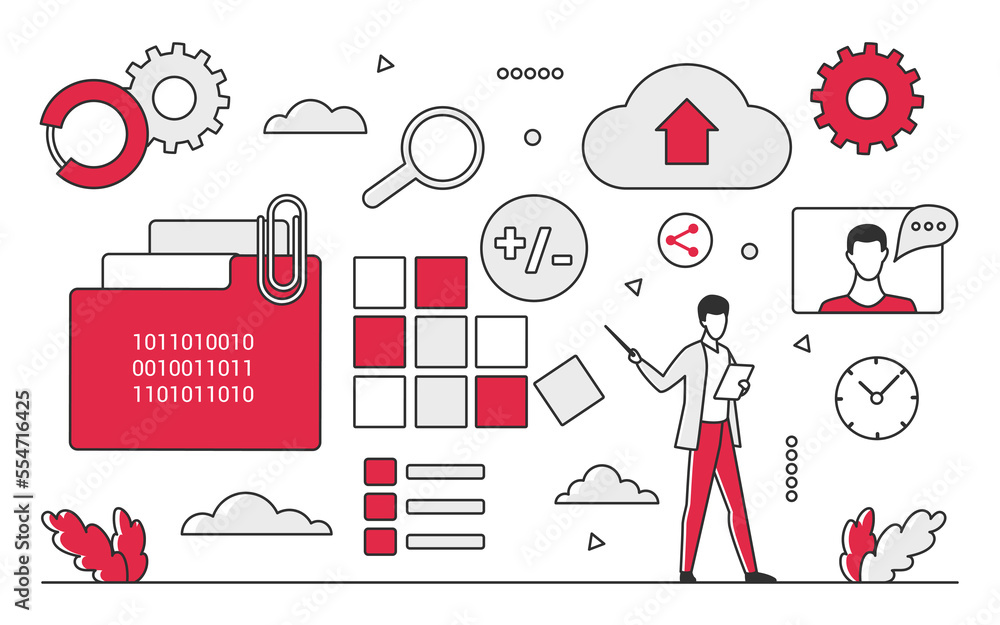 Poster digital data folder. information storage, web statistics library, cloud storage vector monocolor ill