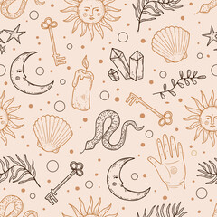 Mystical beige vector seamless pattern with sun, crescent moon, snakes, crystals, candles. Sketchy hand drawn background in retro style for postcards, fabrics, packaging, textiles.