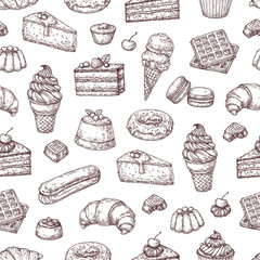 Hand drawn vector seamless pattern of treats, sweets, cakes and pastries. Background in sketch style for confectionery and bakery shops. Elements in retro style for menus, banners, printing.
