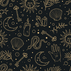 Mystical dark vector seamless pattern with sun, crescent moon, snakes, crystals, candles. Sketchy hand drawn background in retro style for postcards, fabrics, packaging, textiles.