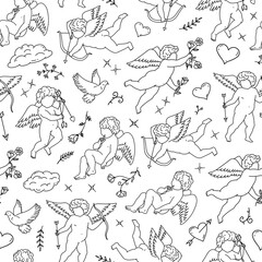 Vector seamless elegant, minimalistic pattern with cupids, hearts and flowers. Hand drawn monochrome background in retro style for Valentine's Day cards, declarations of love, for fabrics, packaging, 